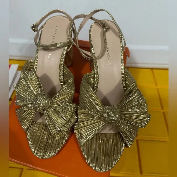 Loeffler Randall Camellia Gold Pleated Bow Heel Sandal MSRP $400 EUC Size 9.5 - Picture 3 of 9